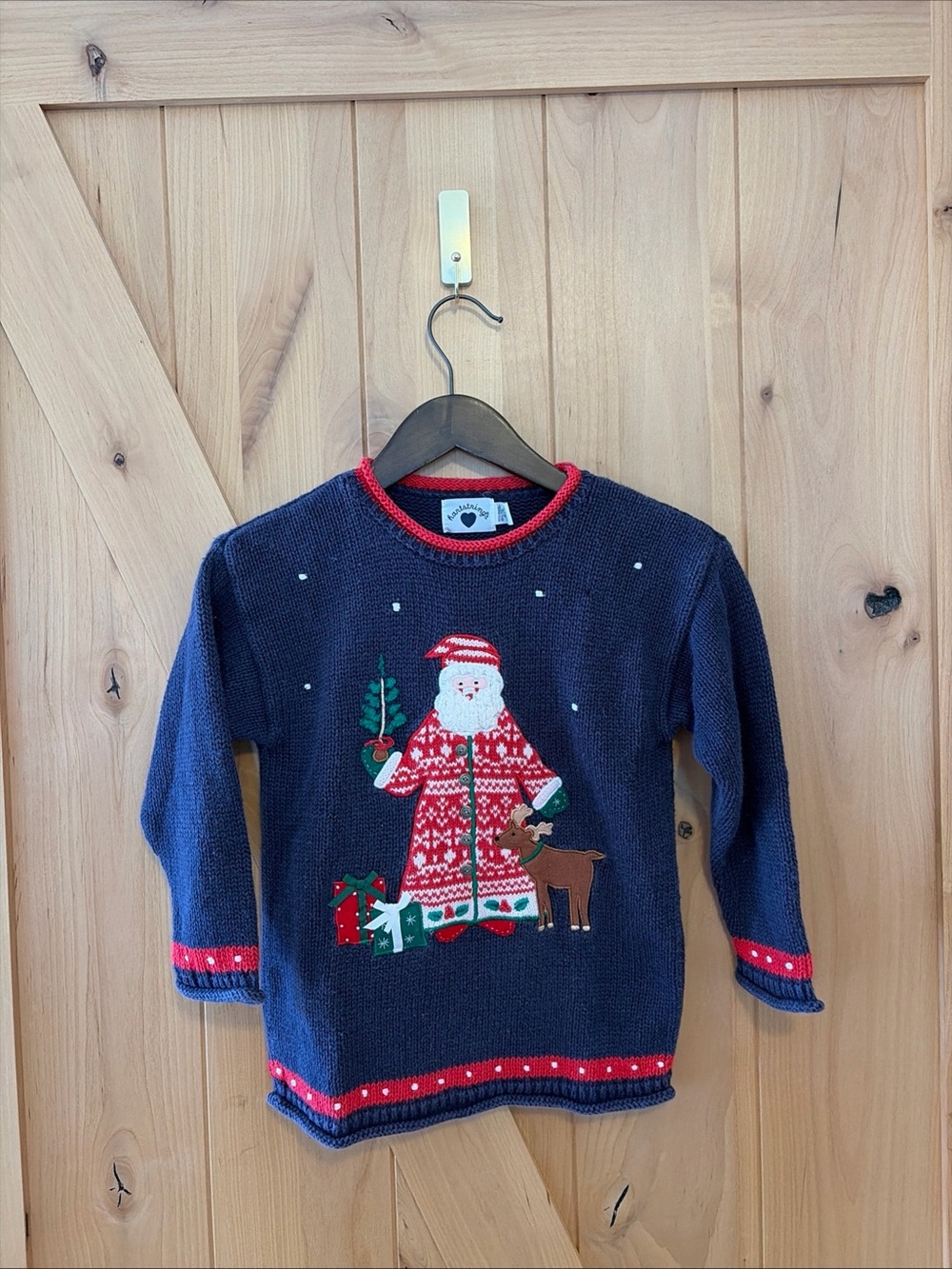 Vintage Hartstrings Kids 5/6 Christmas Sweater Santa Claus Applique
